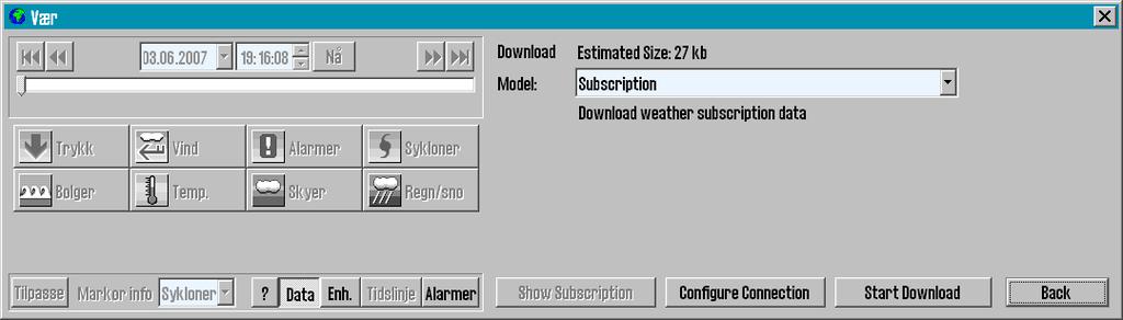 Weather Service abonnement må aktiveres av Jeppesen Marine på deres egne servere og medfører ingen endringer på lokal TECDIS enhet.