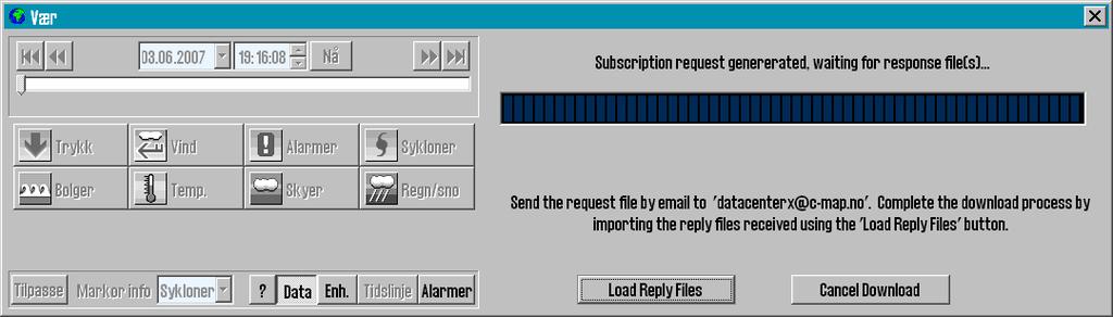TECDIS Manual Page 59 3.2.6. Merk at nedlastingsvinduet kan skjules ved å trykke på Data knappen, i påvente av svarfilene.