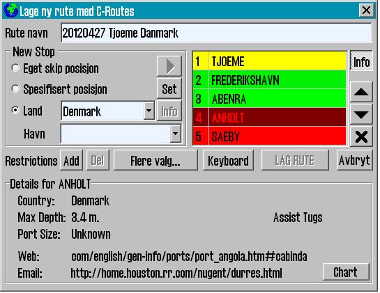 Page 78 TECDIS Manual 5.2.11.1 Rute navn Her skal navnet på ruten legges inn. Benytt den terminologien som gjør det enkelt for andre å hente fram ruten senere. 5.2.11.2 New Stop Venstre del av dette feltet benyttes til å legge inn avreisehavn eller sted, legge til anløpssteder og endelig destinasjon.