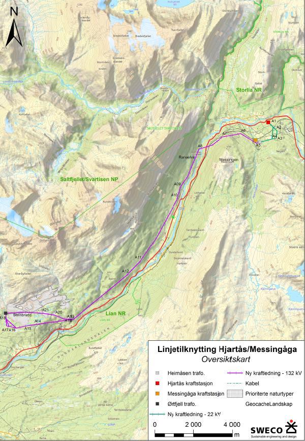 6 Nettilknytning 6.1 Trasé Det etableres en ca. 19 km lang 132 kv ledning fra Heimåsen (A1-A5) til Ørtfjell transformatorstasjon (A18). Fra vinkelpunkt A13 er det to alternative traseer (2A og 2B).