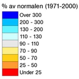 En relativ fuktig sensommer mange steder - tørt i vest og i nord i september Juli August September Kilde: Meteorologisk institutt: Normalen refererer til perioden 1971-2 Kartene viser prosentvis