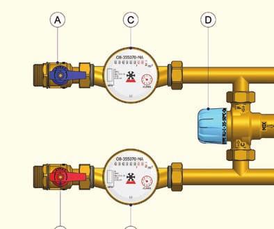Kuleventiler for varmt tappevann C. Kuleventiler på løp for gråvann D. Mengdemålere for varmt-/kaldt tappevann og regnvann FIG.