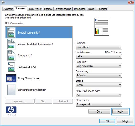 Grunnleggende utskriftsoppgaver med Windows Åpne skriverdriveren med Windows 1. Klikk på Skriv ut på Fil-menyen i programvaren. 2. Velg produktet, og klikk deretter på Egenskaper eller Innstillinger.