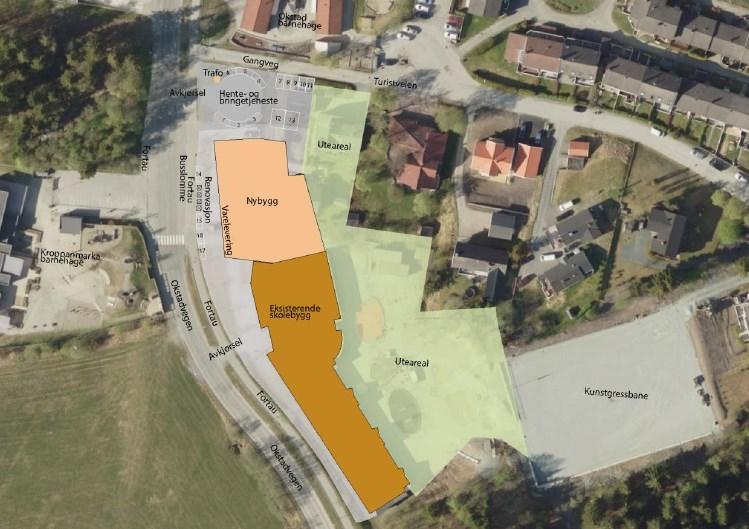 Side 7 2170 m 2. Nybygget som er vist i illustrasjoner i reguleringsplanen har et fotavtrykk på 1150 m 2. Og er i to etasjer. Dette løser behovet for areal til skolefunksjoner som gitt av tabell 2.