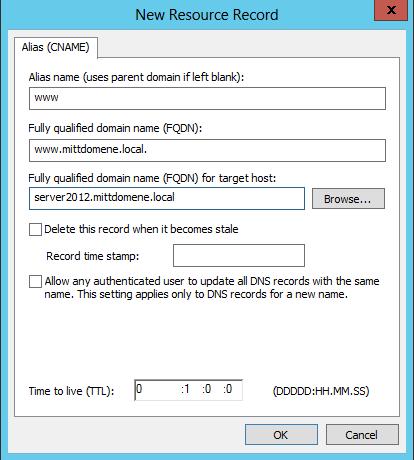 8. Bruk DNS Manager på tjenermaskinen og registrer en ny resource record av type Alias (CNAME) med aliasnavn www som peker på servermaskinen. 9.