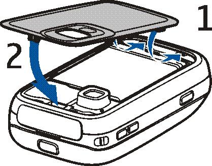 Plasser baksidedekselet i den doble klemmen på telefonen (1) og trykk den lett nedover (2) for å lukke baksidedekselet.