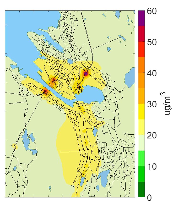 vises her den geografiske fordelingen av den 31. høyeste døgnmiddelkonsentrasjonen av PM10.