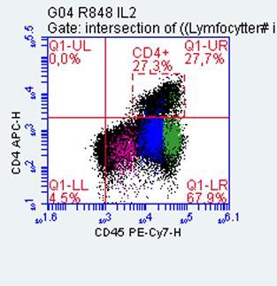 Figur 10. Fordelingen mellom celler som uttrykker CD4 og CD45. Figuren viser at D19 lav, CD19 Intermediær og CD19 Høy ikke uttrykker CD4.