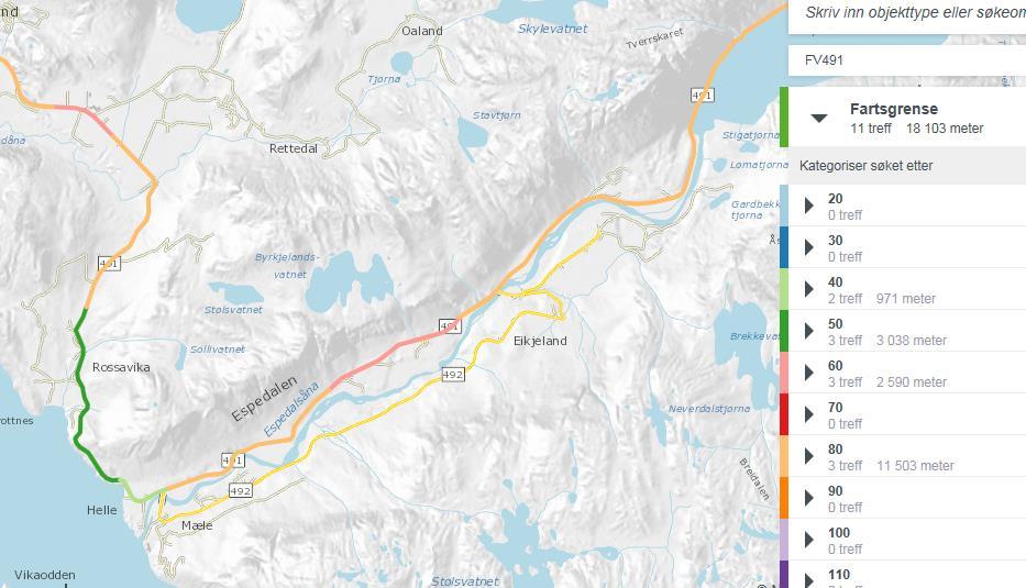 Figur 3.6. Fartsgrenser på fv. 491 i Forsand. 3.4 Trafikksikkerhet Figur 3.7 viser politirapporterte ulykker i 10-års perioden 2006 2015 på fv. 491 i Forsand. Det har vært 4 ulykker med til sammen 6 lettere skadde personer.