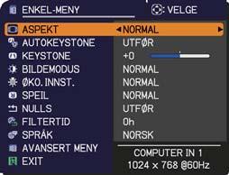 ENKEL-MENY ENKEL-MENY Fra ENKEL-MENY kan man utføre de punktene som vises i tabellen nedenfor. Velg et element ved å bruke / markørknappene. Utfør det så i henhold til følgende tabell.