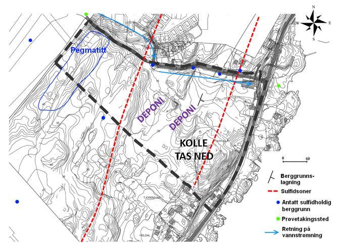 For planområdet Tjuholla angir også geologirapporten (Sweco 2011) to soner som krysser parallelt gjennom hele planområdet i nord-sør retningen (se Figur 2-3 
