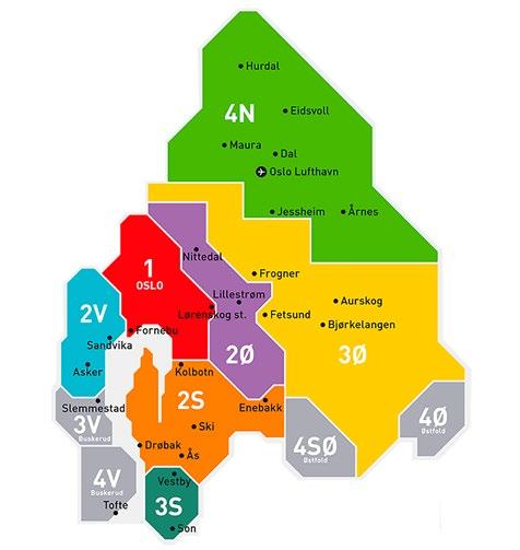 Figur 11: Antall soner: 7 (+ 4 samarbeidssoner) Billetteringsprisnipp: Sonebasert Enkeltbillett, 1 sone: 33,- Enkeltbillett, 2 soner: 53,- (+ 20) Enkeltbillett, 3 soner: 73,- (+ 20) Enkeltbillett, 4