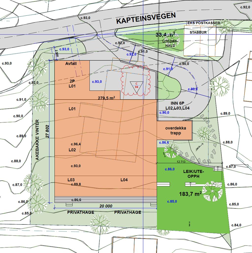 og leikeareal for ulike aldersgrupper, samt nedkøyringa