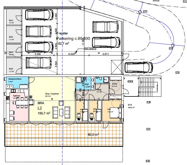 Det er prosjektert med 1 dobbeltgarasje på plan 1 for