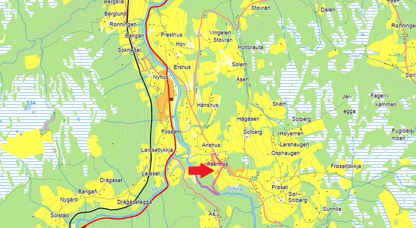 Figur 1 Oversiktskart over deler av Midtre Gauldal kommune. Området det søkes dispensasjon er vist med rød pil.