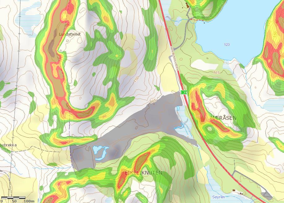 7.2 Snøskred Kart fra skrednett viser tre områder med potensielle løsne- og utløpsområder for snøskred i planområdet.