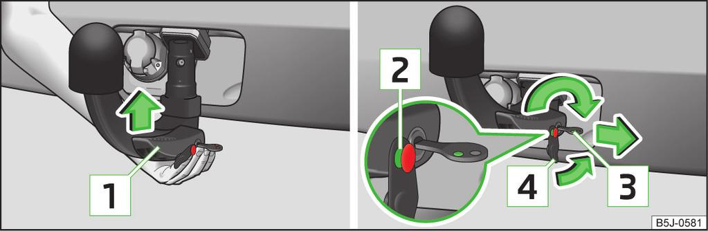 Drei nøkkelen til den røde markeringen 1» Bilde 119 er synlig. Sett kulestangen nedenfor beskyttelsen 2.