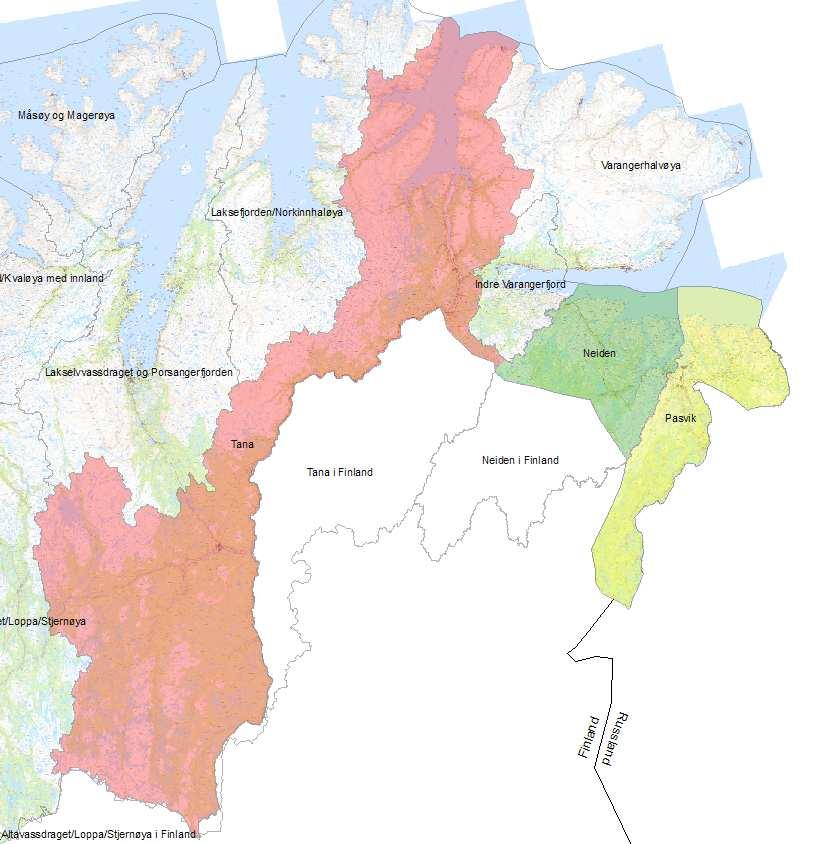 Figur 1 Vannregion 9 - Finnmark vannregion Finnmark vannregionmyndighet har valgt å fokusere på de tre grenseoverskridende vassdragene Tana, Neiden (inklusiv Munkelv)og Pasvik (inklusiv Grense