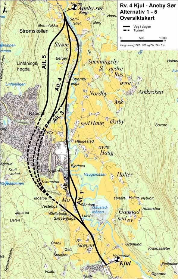 Sammendrag: Det er fremmet forslag til kommunedelplan for rv.4 mellom Kjul og Åneby sør i Nittedal kommune i fem alternativer, to dagløsninger og tre tunnelalternativer.