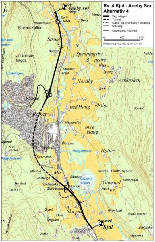 Videre nordover ligger vegen forholdsvis tungt i lia nordover mot Strøm før den føres inn på alternativ 2 et par