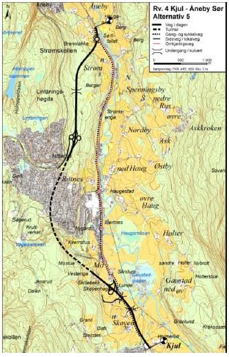 Alternativ5 er sammenfallende med alternativ 4, men tunnelen kommer ut i dagen et par hundre meter vest for alternativ 4 og noe høyere i terrenget. Tunnelen er på 2,5 km.