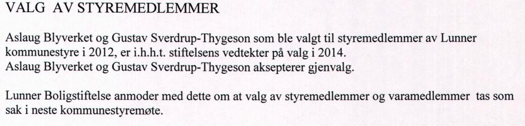 Saksutredning: I hht vedtektene i Lunner boligstiftelse velges medlemmer, varamedlemmer og leder for to år av gangen. I år er medlem Aslaug Blyverket på valg. Aslaug Blyverket stiller på gjenvalg.