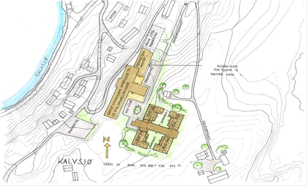 Kalvsjø Fordeler og ulemper ved Kalvsjø Lokalisert i et vakkert kulturlandskap Eksisterende bygg ligger fint i terrenget Tomtas orientering og topografi gir mulighet for universelt utformede og