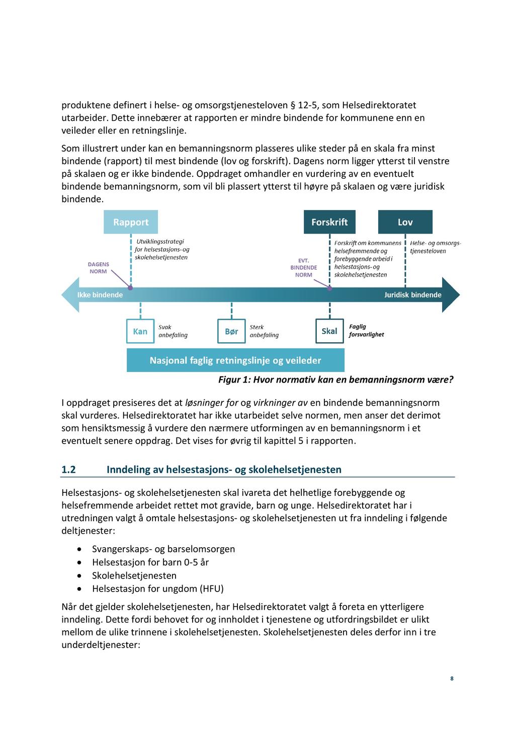 produktene definert i helse - og omsorgstjenesteloven 12-5, som Helsedirektoratet utarbeider. Dette innebærer at rapporten er mindre bindende for kommunene enn en veileder eller en retningslinje.