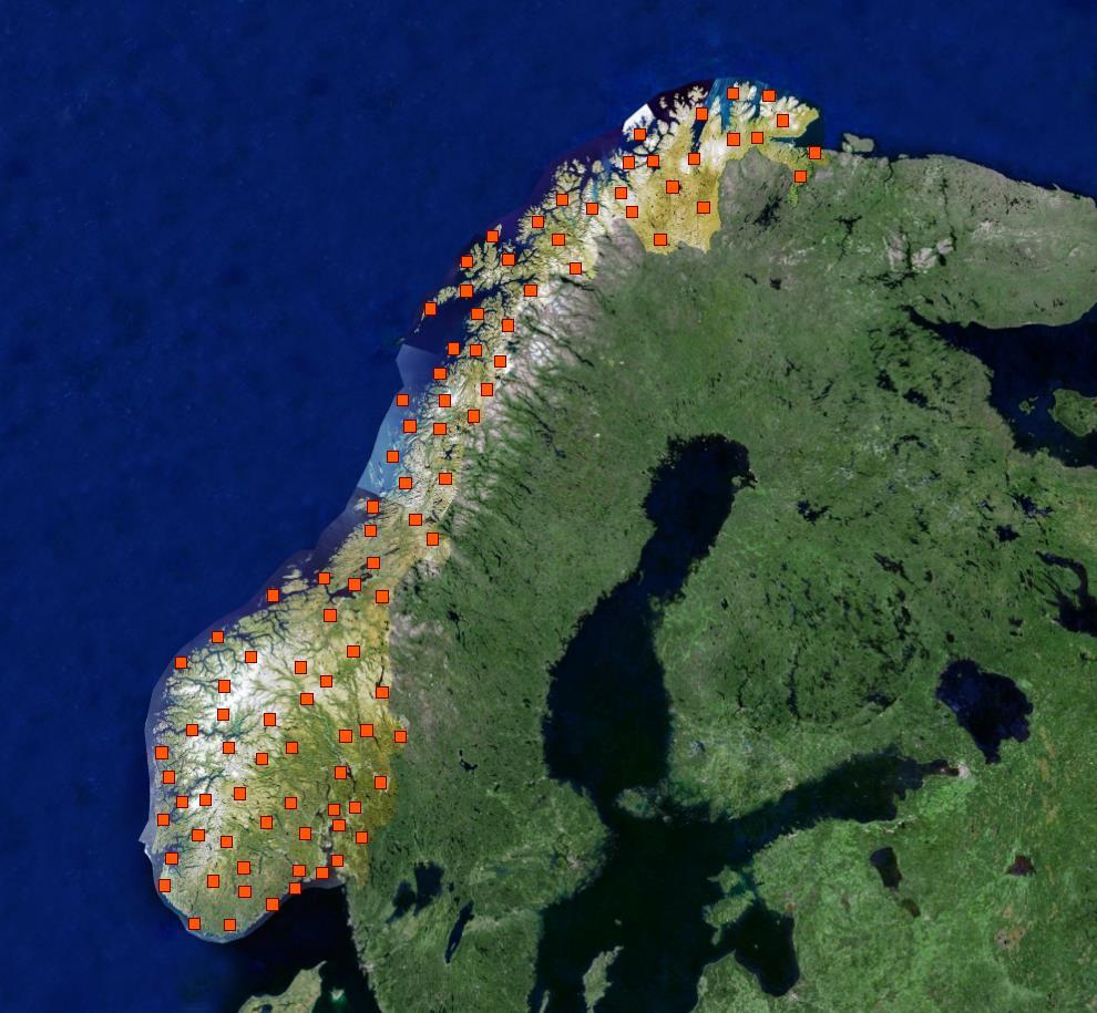 Det er lagt ut 100 ruter over hele landet for å samle data