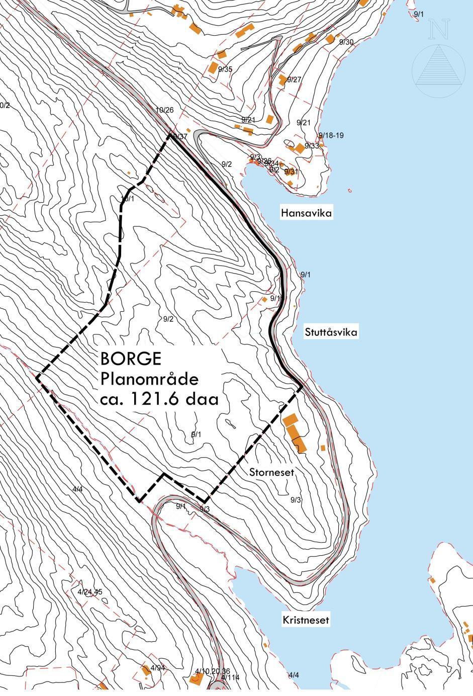 6.2 AVGRENSING Planområdet er vist på kart under, og er avgrensa av Fv367 i nordaust, og mot Fv 567 i sørvest. I nordvest og søraust grensar planområdet mot LNF-område.