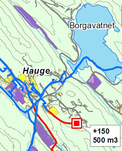 Utdrag frå oversiktskart Kommunedelplan for vassforsyning. 6.14 PRIVAT OG OFFENTLEG SERVICETILBOD Hauge skule og Hauge barnehage ligg omtrent 500-600 meter i luftlinje frå planområdet.