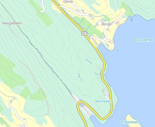 Figur 8 Borge ligg vendt mot Borgavatnet i aust. Analyseområdet omtrentleg markert med raud strek. (Kartkjelde: NVE / Vann-nett.