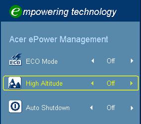 Det henvises til avsnittet om skjermvisningsmenyer for mer informasjon. Acer etimer Management Trykk på " " for å starte undermenyen "Acer etimer Management".