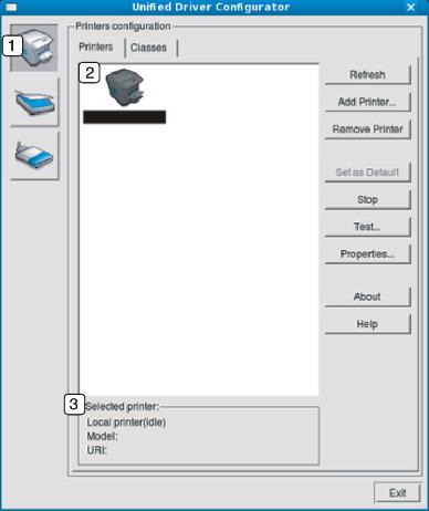 Bruk av Linux Unified Driver Configurator Tilgang til elektronisk hjelp får du ved å klikke på Help eller knappen fra skjermbildet.