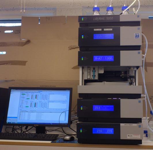 7 HPLC analysator. Maskinen består av: 1. pumpe, 2. sampler, 3. termostat og 4. UV lampe. Analysatoren styres enten direkte eller via datamaskinen til venstre på figuren. Foto: Fredrik Jordhøy 1.