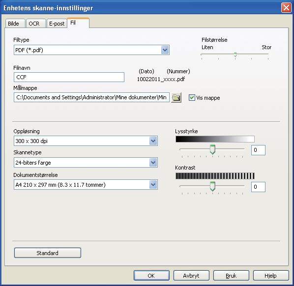 Slik skanner du til en datamaskin e Velg kategorien Fil. Du kan endre standardinnstillingene. 1 2 3 4 5 1 Du kan velge filtypen fra rullegardinlisten.