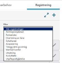 Ved å velge i rullegardinfeltet vises alle valg om registrering. Permisjonssøknad, Ferieønske, Overføring av ferie og Sykefravær gjelder alle ansatte.