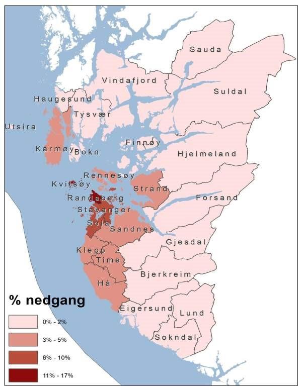 Kartet viser prosentvis nedgang i tal landbrukseigedommar som vil vere konsesjonspliktig dersom arealgrensa blir