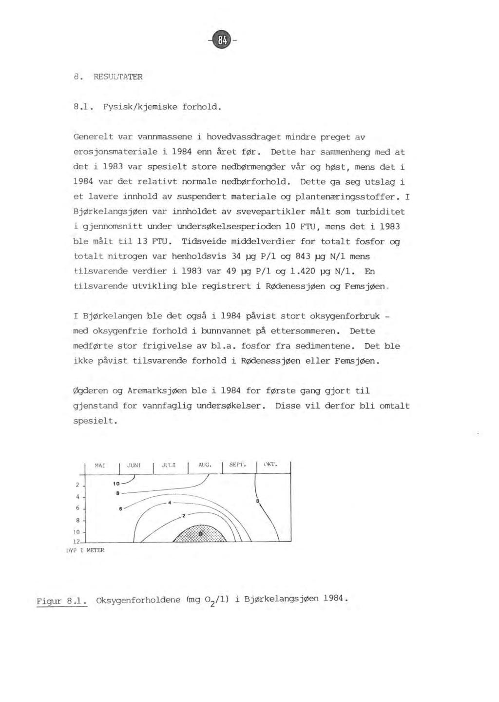 -e- 8. RESUL.TATER 8.1. Fysisk/ kjemiske forhod. Generet var vannmassene i hovedvassdraget mindre preget av erosjonsmateri ae i 1984 enn året før.
