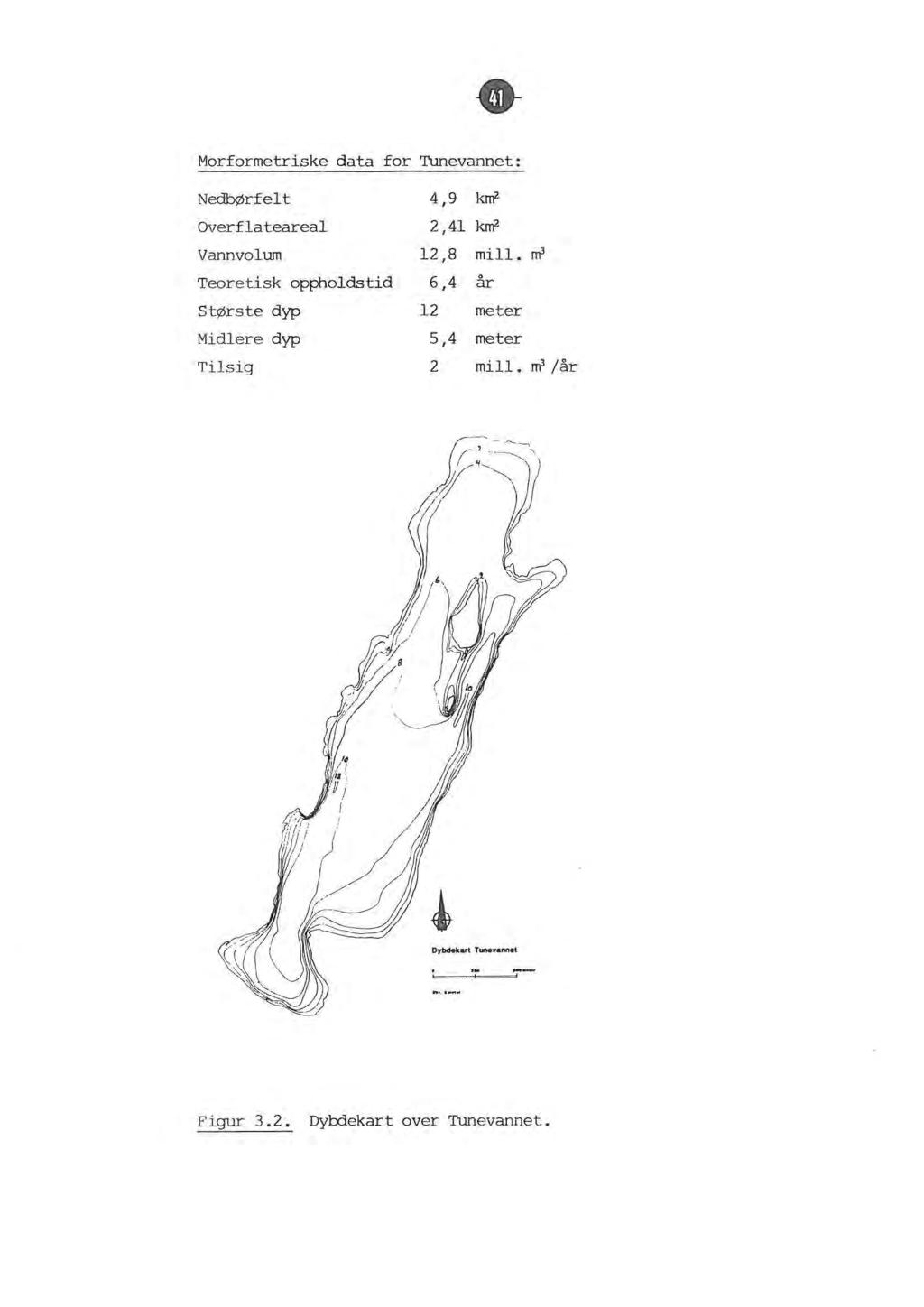 Morformetriske data for Tunevannet: NedbØrfet Overfatearea Vannvoum Teoretisk opphodstid 6,4 4,9 km2 2,41 km2 12,8 mi.