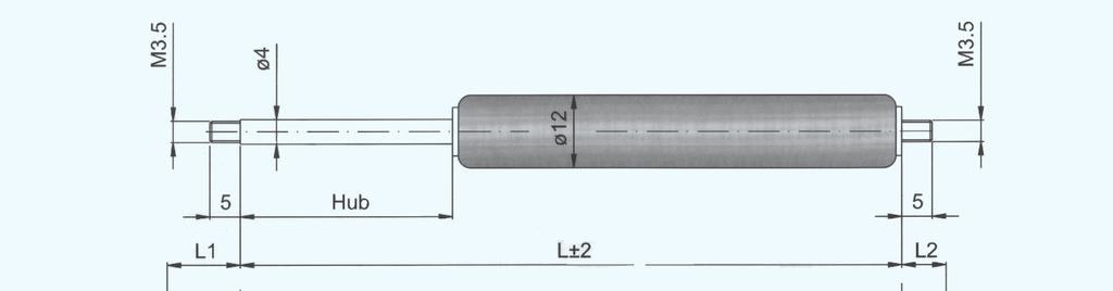 lengde: ( L=2xH+32) (GL=L+L1+L2) GZ 05 Bestillingseksempel: G03 8 0050 1 0150 AU11 AB07 50N G03-10 GASSFJÆR 5-100 Newton Progresjon: 20% Stempelstang: Ø3