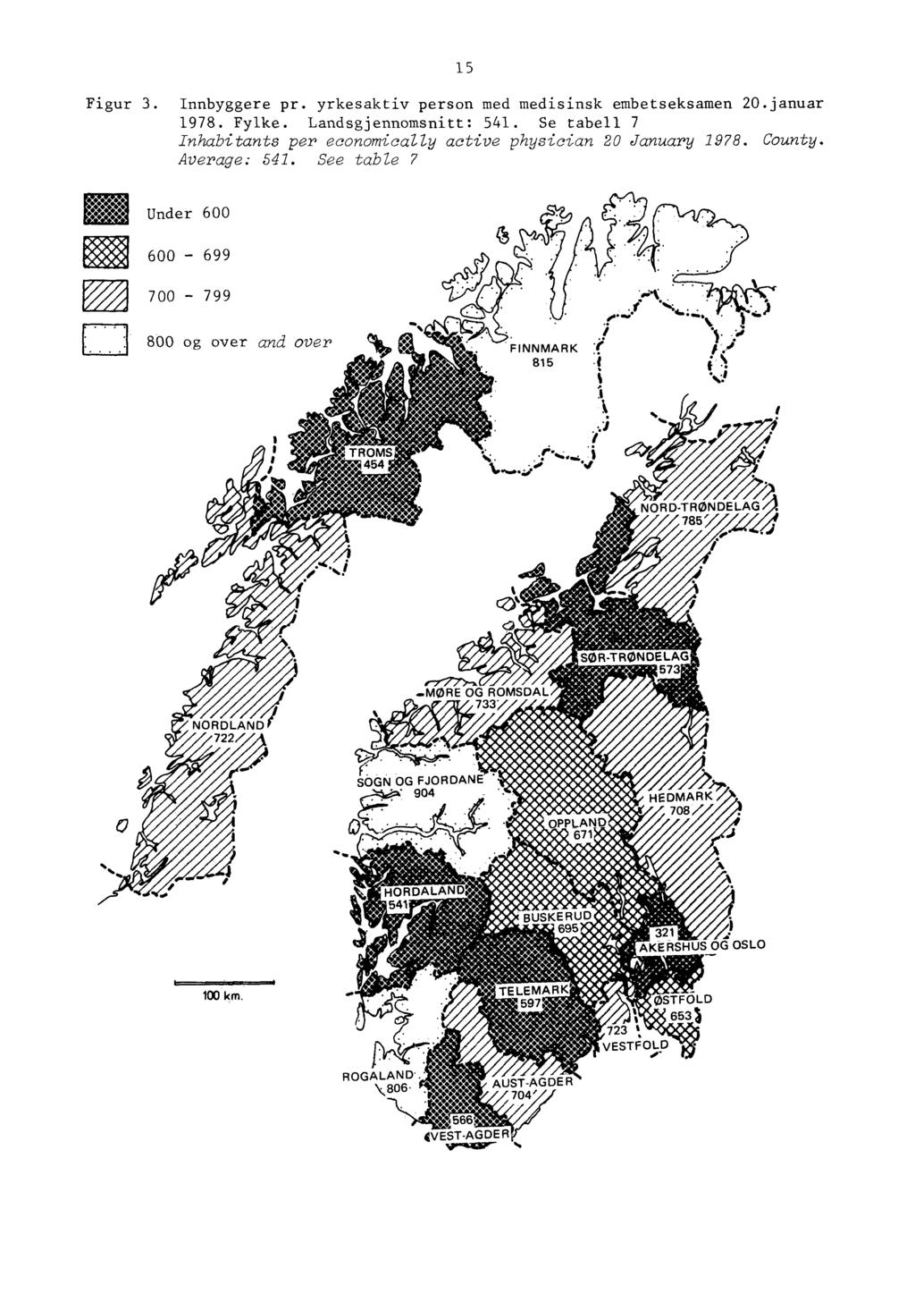 Figur 3. Innbyggere pr. yrkesaktiv person med medisinsk embetseksamen 0.januar 978. Fylke. Landsgjennomsnitt: 54. Se tabell 7 Inhabitants per economically active physician 0 January 978. County.