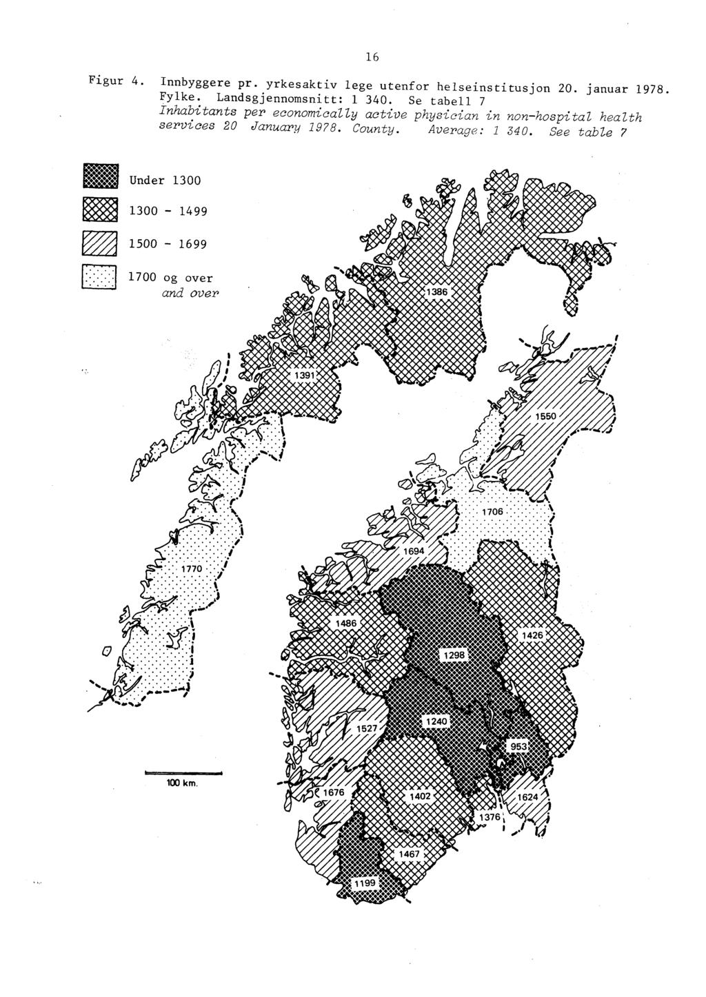 6 Figur 4. Innbyggere pr. yrkesaktiv lege utenfor helseinstitusjon 0. januar 978. Fylke. Landsgjennomsnitt: 340.