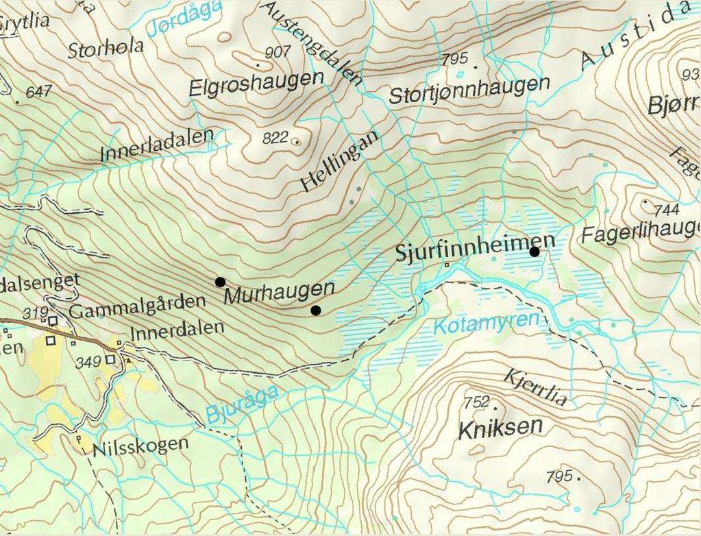 Miljøvurdering for Bjuråga kraftverk Side 23 Figur 6. Samiske boplasser (markert som svarte punkt). Kart fra Sametinget. Andre samiske interesser i området er reindrift, omtalt i foregående kapittel.