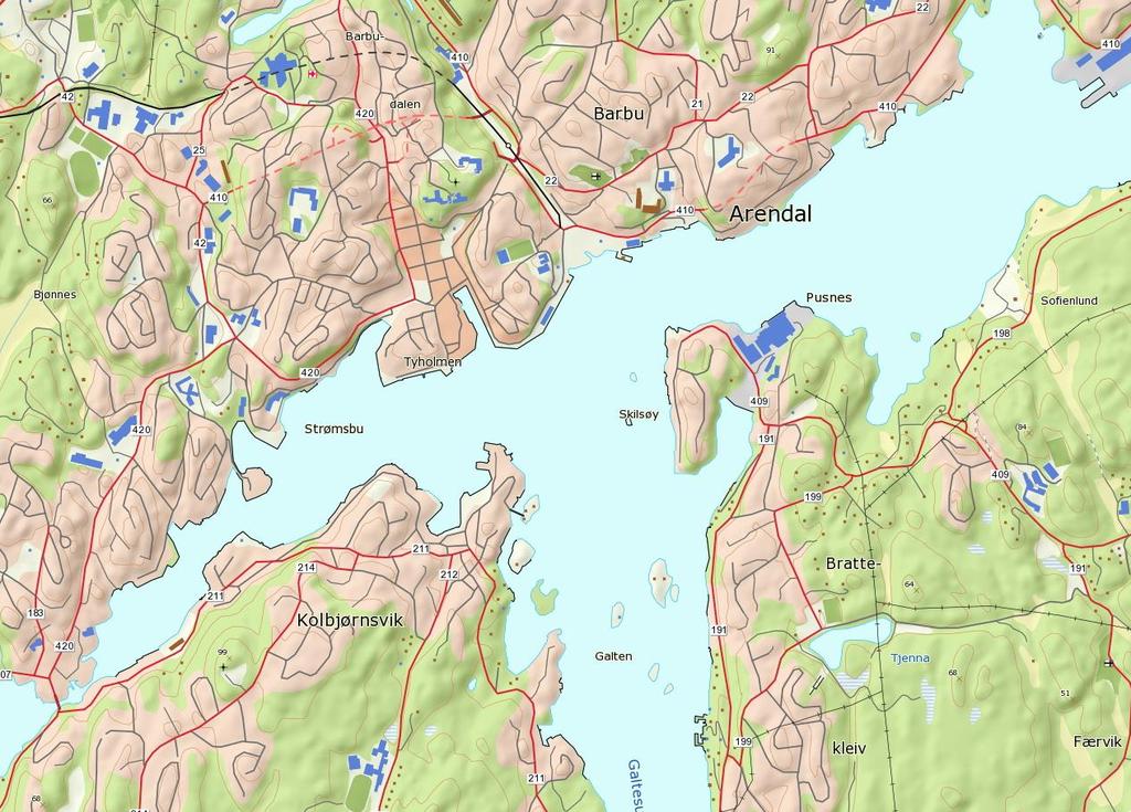 4 Ruteområde og ruteproduksjon Ruteområdet er i Arendals havnebasseng, mellom Arendal sentrum, Hisøy og Tromøya.