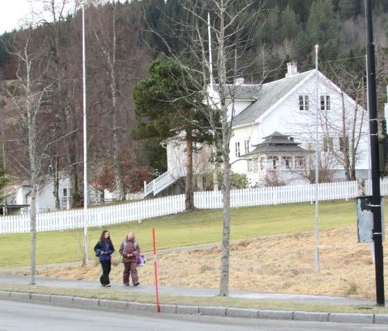 Inn mot riksvegen er det derimot få andre grøne innslag enn dei tilgrensande private hagane.