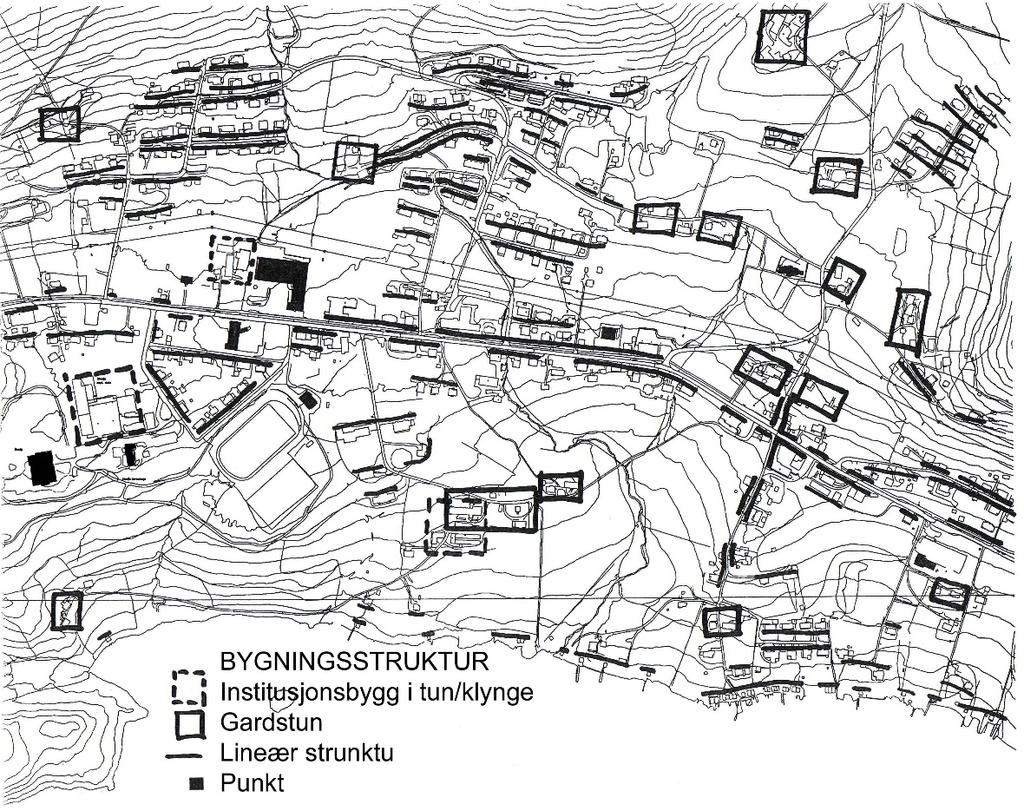 Nordplan side 24 DEL 1 Historikk - Stadanalyse Skodje sentrum Bygningsstruktur Landskapet og topografien har alltid vore mellom dei avgjerande faktorane for plassering av bygningar og vegar på