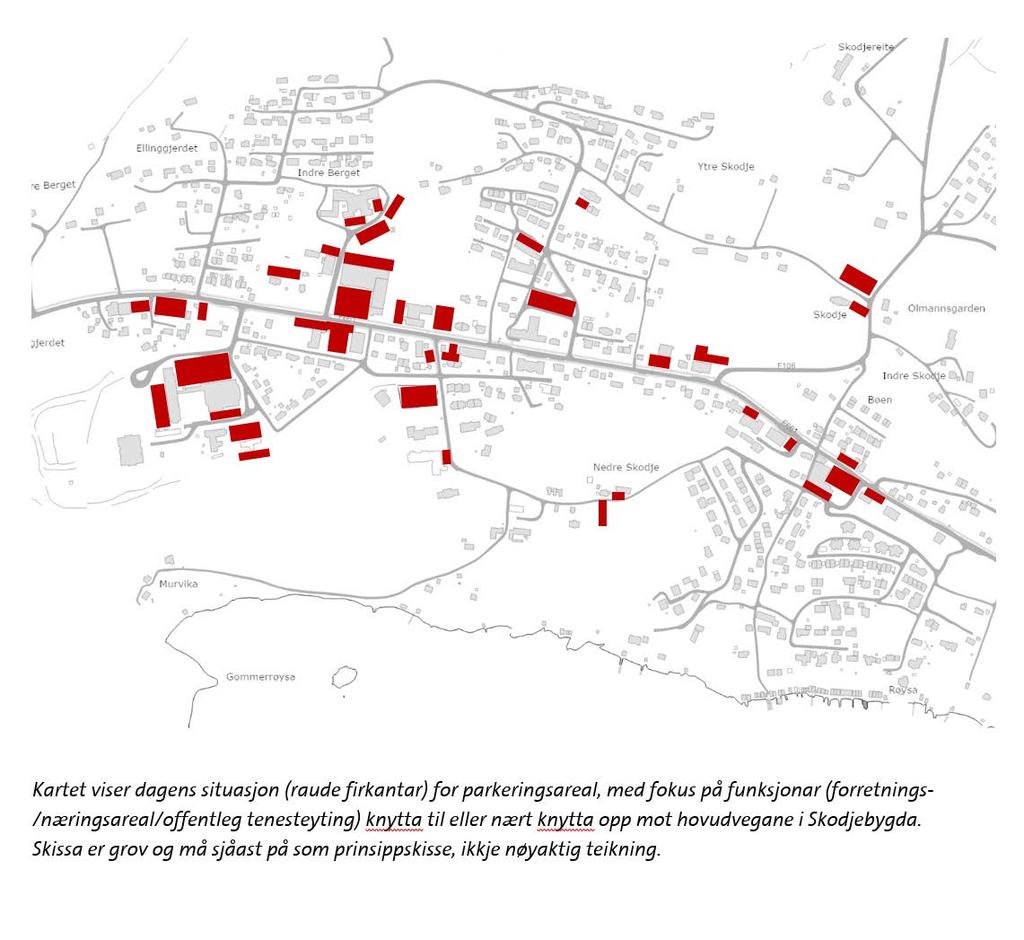 Nordplan side 39 DEL 1 Historikk - Stadanalyse Skodje sentrum Parkering Handels- og servicefunksjonane i Skodje er som tidlegare nemnt strekt ut langs fylkesvegen i sentrum.