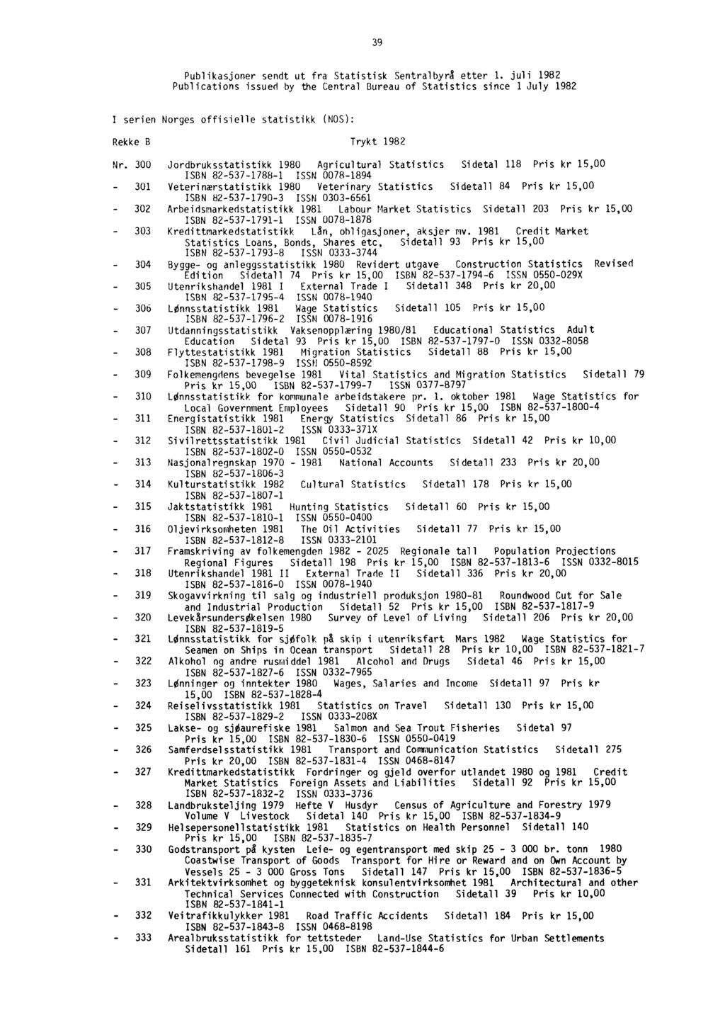 39 Publikasjoner sendt ut fra Statistisk SentralbyrS etter 1.