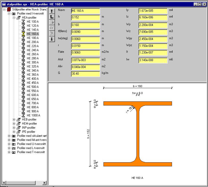 G-PROG BETONG Stålbjelke Side 27 3.6.1 Profiltabeller Her kan du velge å vise profiltabellen i et eget vindu. Normalt er denne skjult, slik at du kun ser den ved valg av geometri.